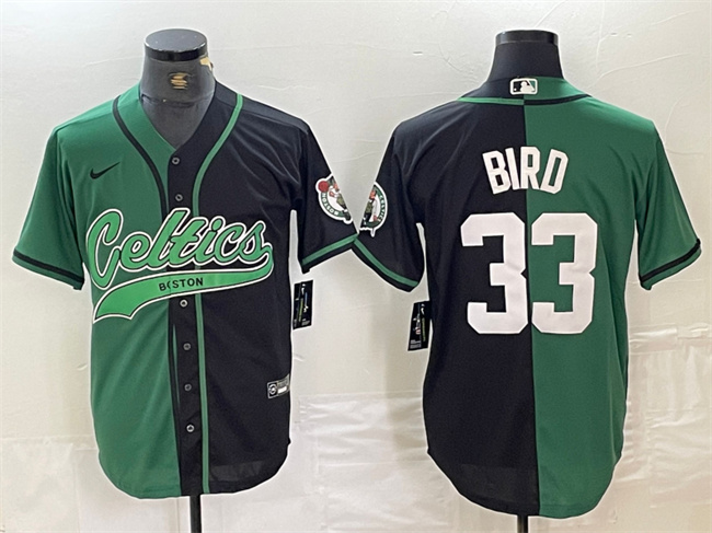 Men's Boston Celtics #33 Larry Bird Green/Black Split Stitched Baseball Jersey